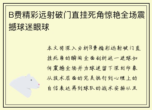 B费精彩远射破门直挂死角惊艳全场震撼球迷眼球