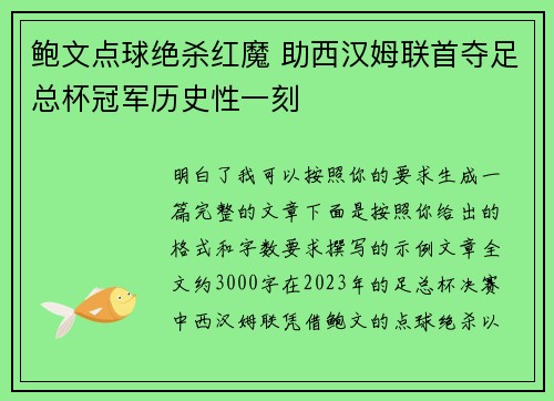 鲍文点球绝杀红魔 助西汉姆联首夺足总杯冠军历史性一刻