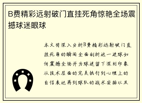B费精彩远射破门直挂死角惊艳全场震撼球迷眼球